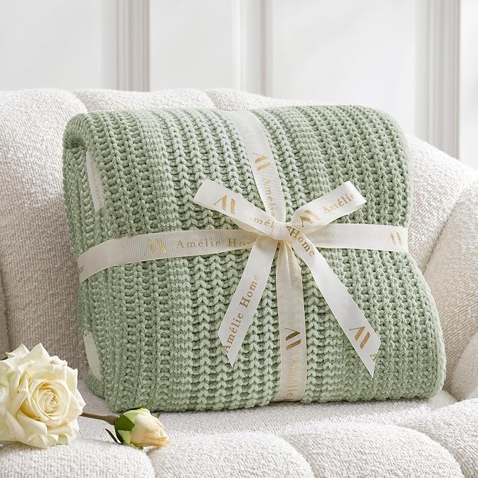 Checkered Chenille Throw Blanket, Soft Cozy Luxury Classic Knitted Blanket for Sofa, Couch, Bed, Living Room, Lightweight Warm Home Decor (Two-Tone Sage Green, 60" X 80")