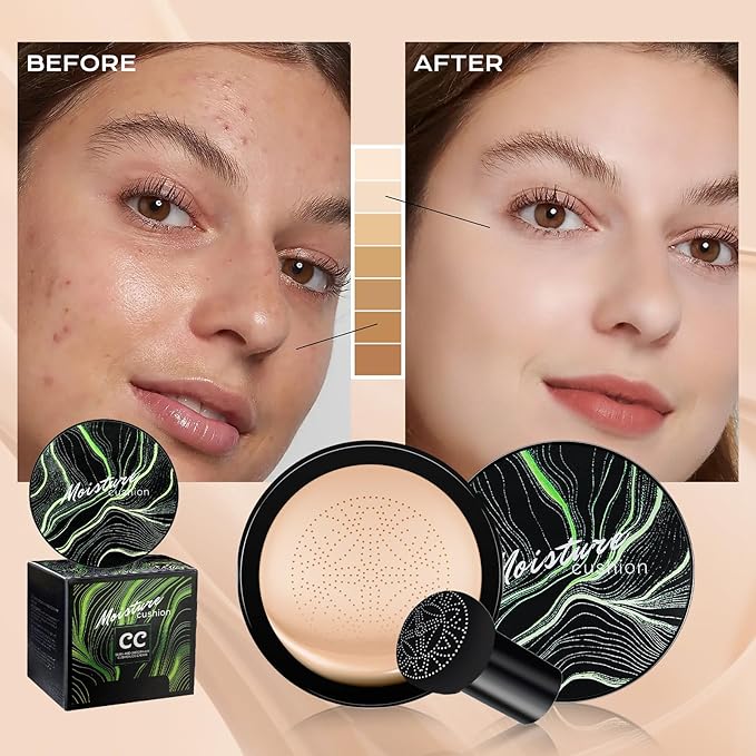 Mushroom Head Air Cushion CC Cream - BB Cream Foundation Makeup Moisturizing Concealer Long-Lasting, Cushion Foundation Full Coverage Self Adjusting for Mature Skin & All Skin Types (2 PCS Buff Beige)