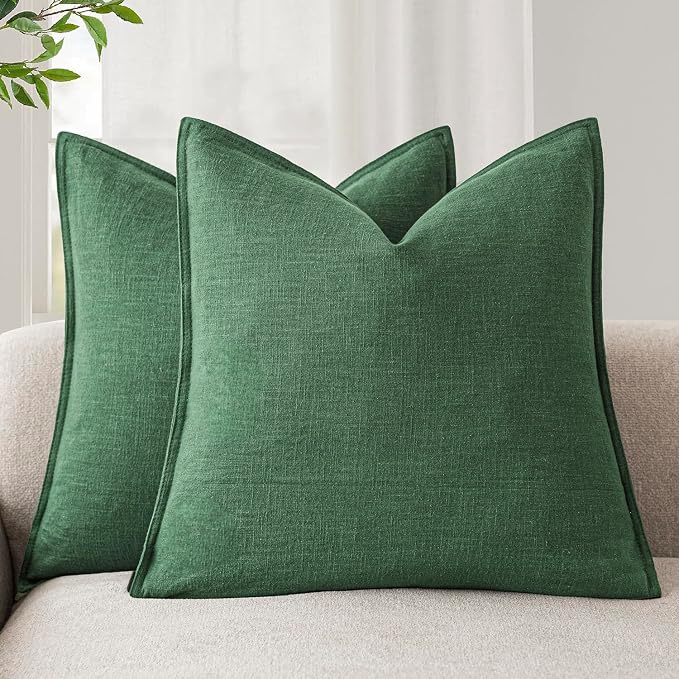 Foindtower Set of 2, Decorative Linen Solid Throw Pillow Covers Soft Accent Euro Cushion Case Farmhouse Neutral Pillowcase for Chair Couch Sofa Bedroom Living Room Home Decor 20 x 20 Inch Pine Green