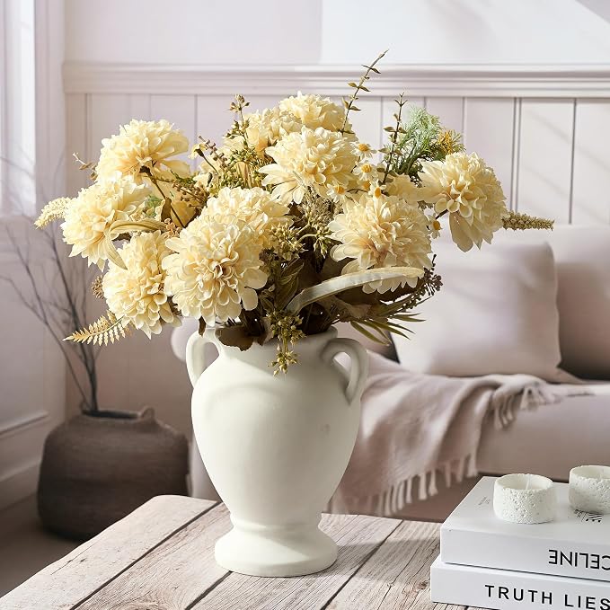 Ceramic Rustic Flower Vase with Handles, 8.46 Inch Tall Vintage Pottery Home Decor, Farmhouse Terracotta Vase for Living Room, Table, Shelf, Mantel Decoration, Farmhouse- Off-White