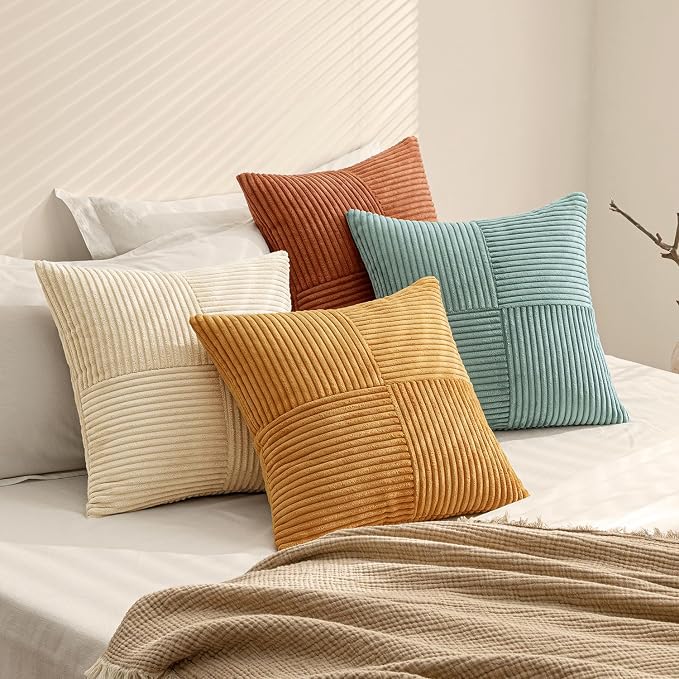 MIULEE Fall Boho Farmhouse Decorative Throw Pillow Covers 20x20 Inch 4 Packs Soft Vintage Pillow Cases Modern Corduroy Patchwork Cushion Covers for Couch Sofa Bed Home Decor, Teal-Rust