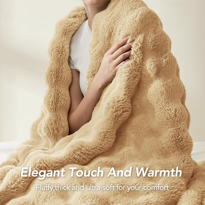 L'AGRATY Faux Rabbit Fur Throw Blanket for Couch, 90''x90'', Milk Tea Brown | Soft Cozy Bubble Fluffy Blanket for Sofa Bed, Thick Warm Plush Fuzzy Throw for Room Home Decor, Luxury Gift for Women Mom