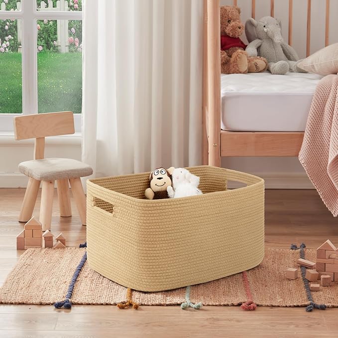 OIAHOMY 75L Large Blanket Basket, Woven Cotton Rope Baskets for Organizing 22”x17”x12”, Blanket Basket living Room, Toy Storage Bins for Nursery, Yellow