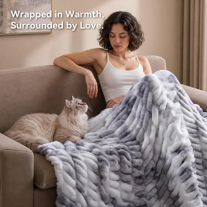 Tie Dye Grey Fluffy Blanket for Couch - Faux Rabbit Fur 60"x80" | Ultra Soft & Plush Comfort Ruched Blanket, Cozy Fuzzy Fleece Throw for Sofa, Bed & Office, Gift for Women, Grey Room Decor
