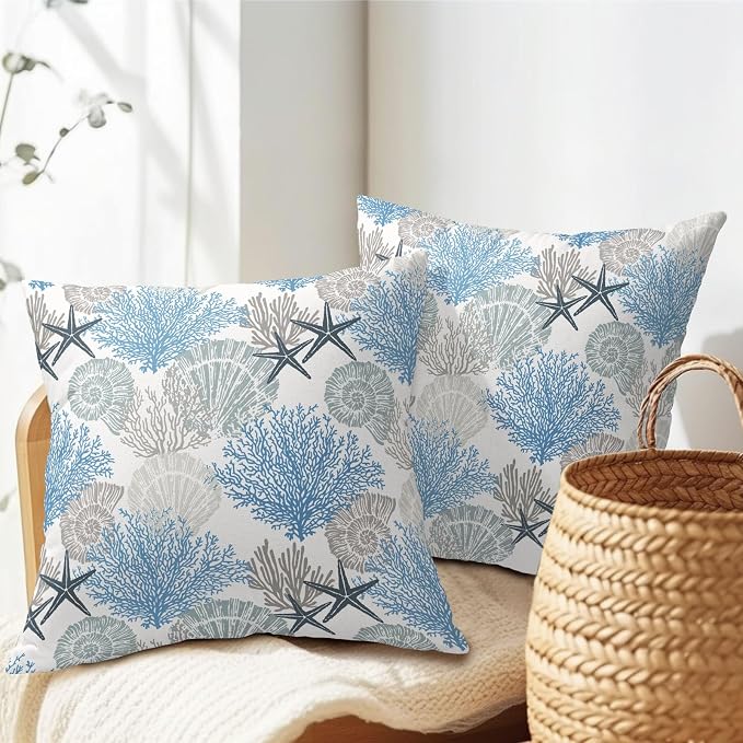 Coastal Starfish Seashell Coral Pillow Covers 20x20 Inch Set of 2 Summer Nautical Beach Decorative Pillow Cases Sea Ocean Cotton Linen Cushion Case Farmhouse Home Decor for Sofa Couch Bedroom