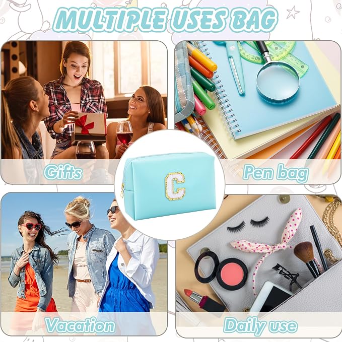 URSKYTOUS Gifts for Girls Initial Makeup Bag Personalized Cosmetic Bag with Zipper Cute Travel Toiletry Bag Waterproof PU Preppy Makeup Pouch Birthday Gift for Teen Girls Women(Blue C)
