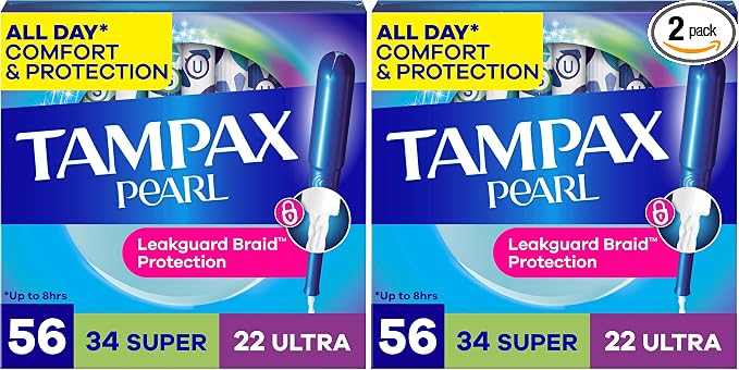 Tampax Pearl Tampons for Women Multipack, with LeakGuard Braid, Super/Ultra Absorbency, Unscented, 56 Count (Pack of 2)