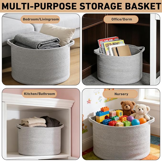 65L Large Blanket Basket,Woven Rope Laundry Basket-Light Gry | Collapsible, reinforced handles, nursery storage bin organizes clothes, toys and pillows for living room, bedroom bathroom