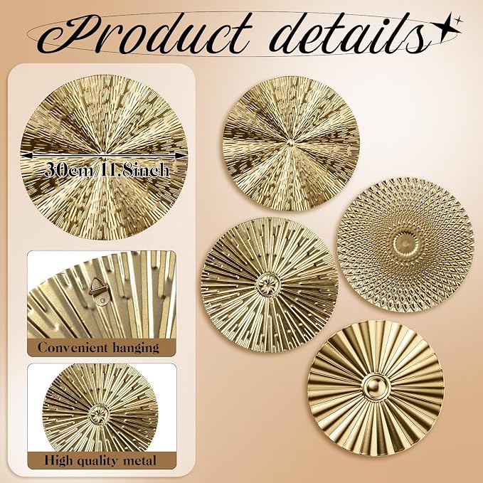 Hicarer 4 Pcs 12 Inch Gold Metal Wall Art Decor Modern Sunburst Hanging Artwork Decor Wall Decorations for Home Bedroom Bathroom Living Room Office Sculpture Gift