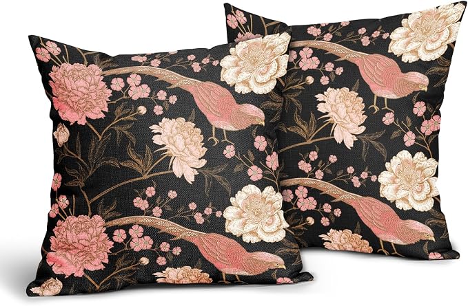Flowers Birds Leaf Pillow Covers 20X20 Inch Set of 2 Pink White Roses Floral Decorative Pillow Cases Art Retro Black Gold Cotton Linen Cushion Case Vintage Home Decor For Sofa Couch Porch Outdoor