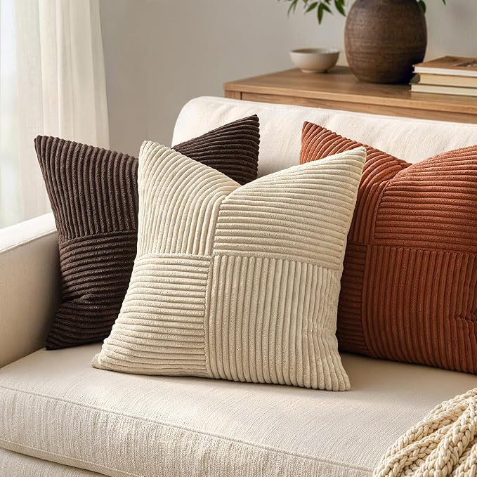 MIULEE Natural Beige Decorative Throw Pillow Covers for Couch 16x16 Inch | 2 Pack, Boho Farmhouse Pillow Covers, Soft Cross Corduroy Patchwork Textured Cushion Cases For Bed Sofa