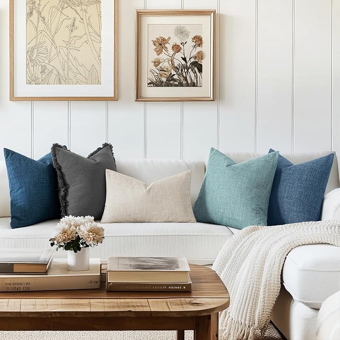 MIULEE Pack of 2 Decorative Linen Burlap Pillow Covers Farmhouse Boho Accent Pillowcases Modern Home Decor for Sofa Couch Bedroom Living Room 20x20 Inch Steel Blue