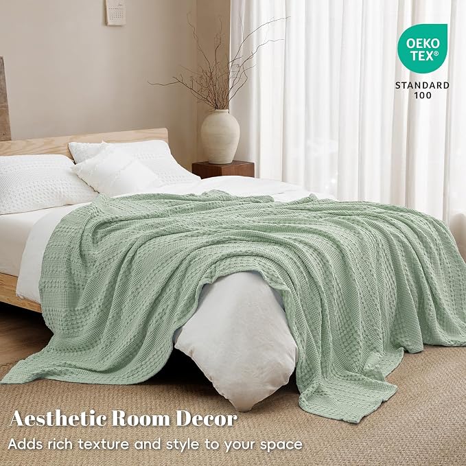 PHF 100% Cotton Waffle Weave Blanket Queen Size, Lightweight Breathable Summer Blanket for Hot Sleepers, Pre-Washed Soft Layer for Bed, Couch, Aesthetic Home Decor & Gift, 90"x90", Mint Green