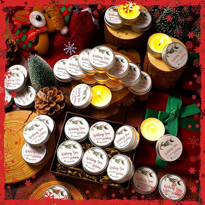 MTLEE 50 Pcs Happy Holiday Candles Gift Favors for Guests 1 oz Christmas Holly Lavender Scented Soy Wax Aromatherapy Candle Favors for Xmas Winter Bridal Shower Wedding Party Guests