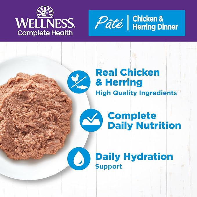 Wellness Complete Health Pate Adult Canned Wet Cat Food, Natural, Protein Rich, Grain Free, Chicken and Herring Dinner Recipe, 5.5 oz, Pack of 24 Cans