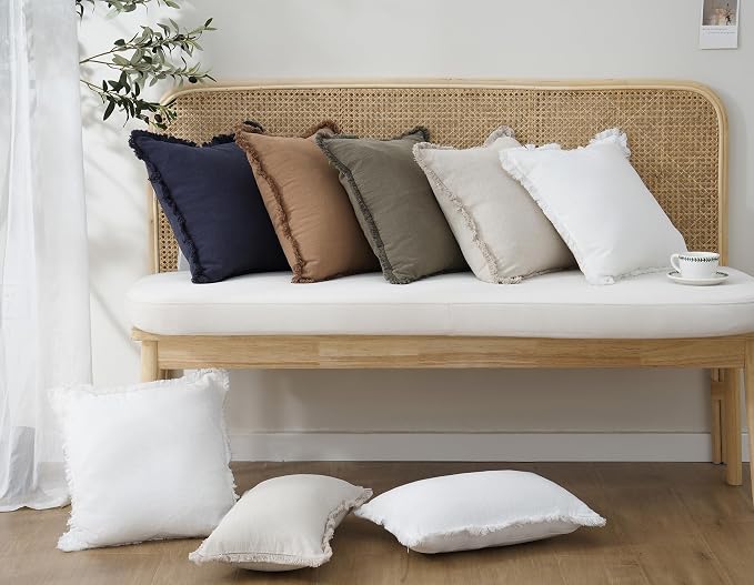 Foindtower Lumbar Decorative Linen Fringe Throw Pillow Covers 12×20 Beige | Set of 2 Cozy Accent Modern Pillowcase, Boho Farmhouse Soft Cushion Cover with Tassels, Home Decor for Sofa Couch Living Room