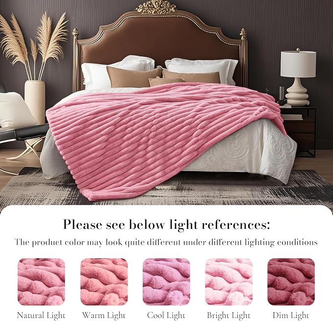Faux Fur Throw Blanket for Couch, Cozy Fuzzy Fluffy Fur Luxurious Soft Striped Plush Gift Blankets for Family Sofa Chair Bedroom, 55"x70", Pink