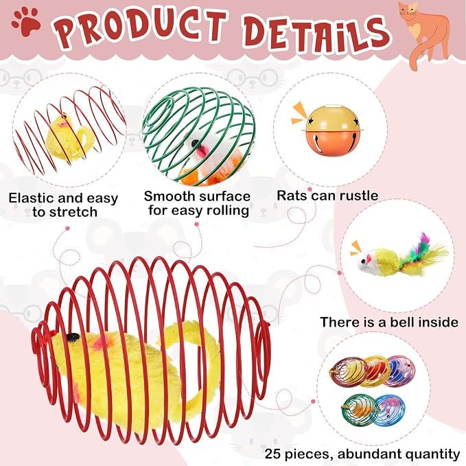 Jecery 25 Pcs Cat Toys Spring,Mouse and Bell,Colorful