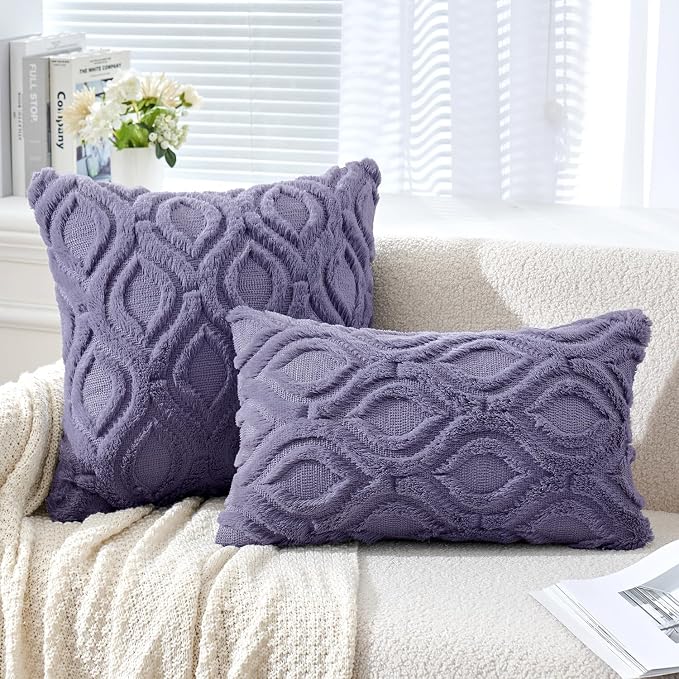 MIULEE Blue Purple Soft Plush Faux Wool Throw Pillow Covers 20x20 | Set of 2, Farmhouse Boho Home Decor, Decorative Cushion Covers for Sofa, Living Room, Bed