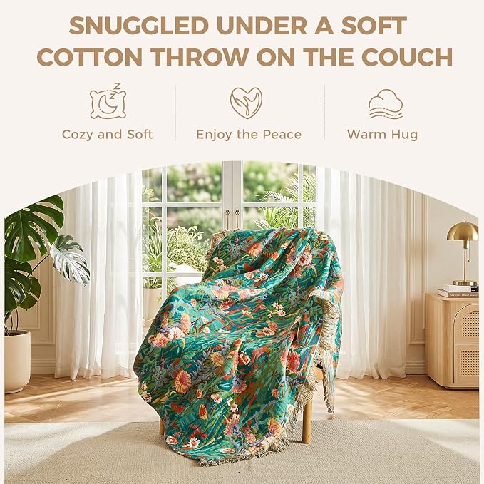 LUTBM Boho Throw Blanket for Couch 50"x60", Cotton Decorative Bed Throw | Reversible Florals Embroidery, All-Season Lightweight Breathable Blankets, For Chair Sofa Living Room Bedroom