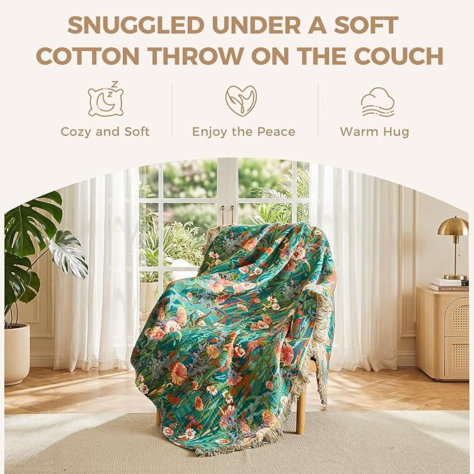 LUTBM Cotton Boho Blanket for Bed, Queen Soft Lightweight Reversible Quilt | 90"x90" Floral Embroidery Blankets, All-Season Bedspread, For Chair Sofa Couch Bedroom Living Room Decor, Breathable Gauze