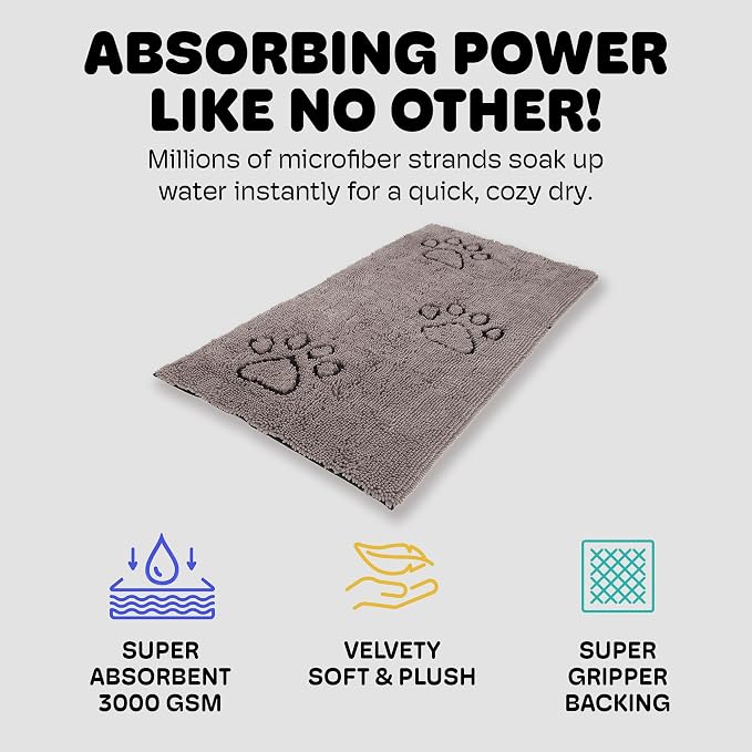Dog Gone Smart Dirty Dog Doormat Runner - Grey, 60 x 30 Inches | Fast Drying Rug with Super Gripper Backing for Clean Floors - Absorbent Microfiber and Machine Washable Mat for Muddy Paws
