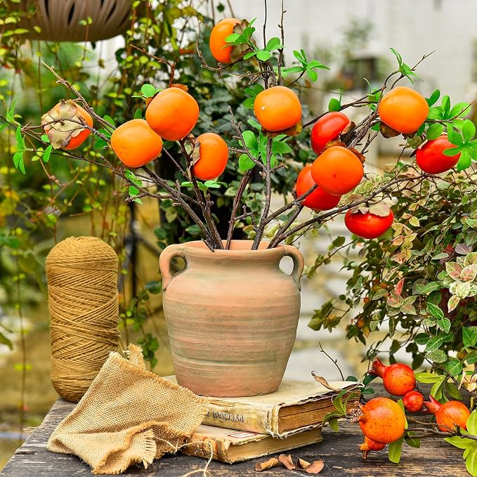 Sungmor Rustic Ceramic Flower Vase with Handles, 6.9 Inch Straight Barrel | Terracotta Plant Pots, Cement Textured Vases Home Decor, Indoor Fresh Flowers Planter, Dried Flower Arrangements