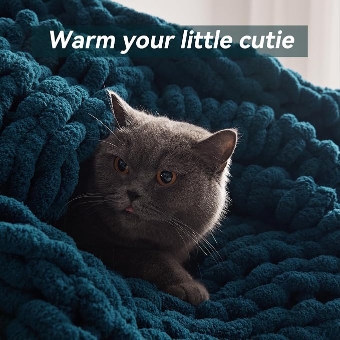 Negwoo Chunky Knit Throw Blanket, Knitted Throw Chenille Yarn, 80"*90" | Soft Thick Cable Knitted Blankets, Handmade Big Thick Blanket,Machine Washable Cute Comfy Blanket for Home Decor,Peacock blue