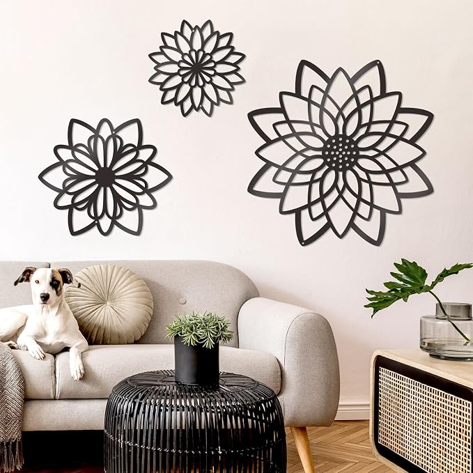 Zzbakress 3 Pcs Metal Flowers Wall Art Bathroom Wall Decor(Black Concise) | Farmhouse Flower Bathroom Decor Wall Decorations For Bathroom, Living Room, Office, Kitchen, Hallway And Outdoor