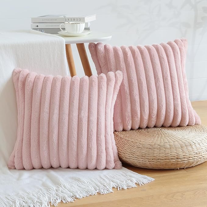 Soleebee Set of 2 Throw Pillow Covers Soft Cozy Velvet Pillowcase Faux Rabbit Fur Cover for Couch Sofa Bed Chair Home Decorative Pillows Cover (18x18 Inch, Blush Pink)