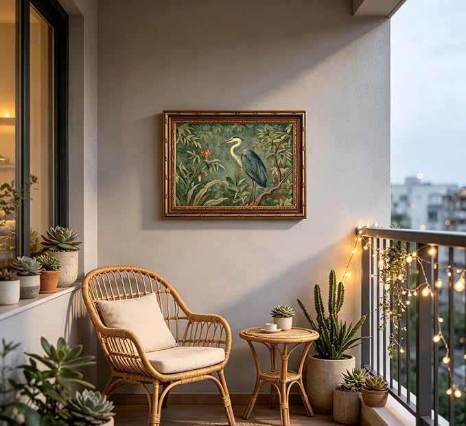 Vintage Gold Framed Canvas Wall Art Blue Heron Nature Wildlifate Painting Picture Wall Decor Botanical Birds Poster Print Artwork for Living Room Bedroom Office Home Decoration