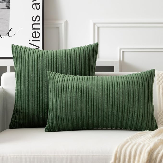 UGASA Velvet 16x16 Inch Soft Throw Pillow Covers Decorative Corduroy Striped Both Sides Solid Square Cushion Cases Boho Farmhouse for Couch Bedroom Sofa Home, Pack of 2, Moss Green