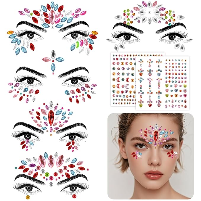 Erythem Face Gems for Women 7 Sheets Face Jewels Stick On Self Adhesive Rhinestones Stickers for Rave Carnival Music Festival Party