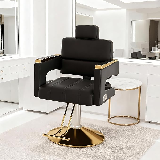 Professional Barber Salon Chair with Stainless Steel Armrests & Reclining Backrest, Hydraulic Pump Stylist Chair with 360° Swivel & Adjustable Height, Black+Gold