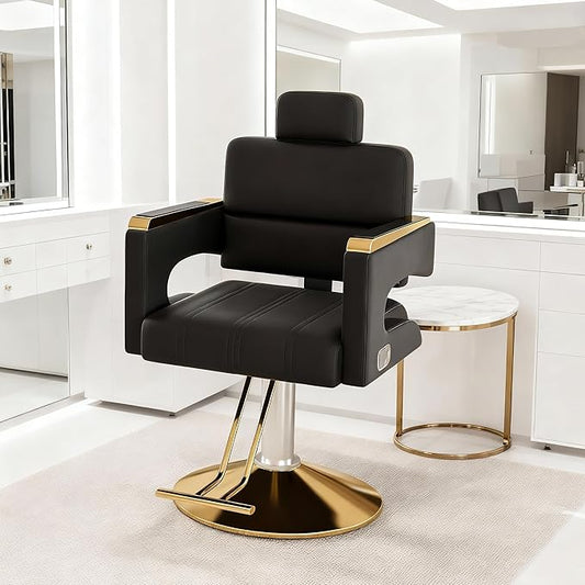 Professional Barber Salon Chair with Stainless Steel Armrests & Reclining Backrest, Hydraulic Pump Stylist Chair with 360° Swivel & Adjustable Height, Black+Gold