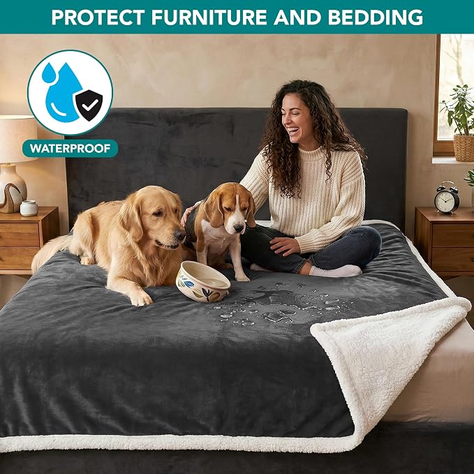 PetAmi Waterproof Dog Blanket for Large Dog Cat Pet, 60x80, Charcoal | 460 GSM Sherpa Fleece Reversible, Pee Proof, Furniture Protector Cover for Couch Sofa Bed Kennel, Washable, Extra Large