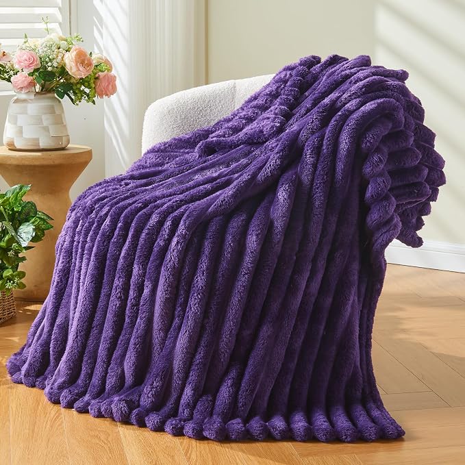 NEWCOSPLAY Fleece Ribbed Cozy Twin Blanket for Couch, Purple, 60"x80" | Premium Silky Flannel Blanket, Soft Lightweight Fluffy Throw Blanket for Bed Sofa Decor, Gift for All Season Use