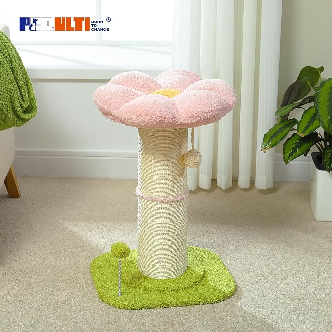 PEQULTI Flower Cat Scratching Post, Super Thick 5.5in Sisal Post, Pink | Small cat & kitten scratcher: removable flower bed, sisal + spring ball, enlarged double base; cute pink flower cat tree