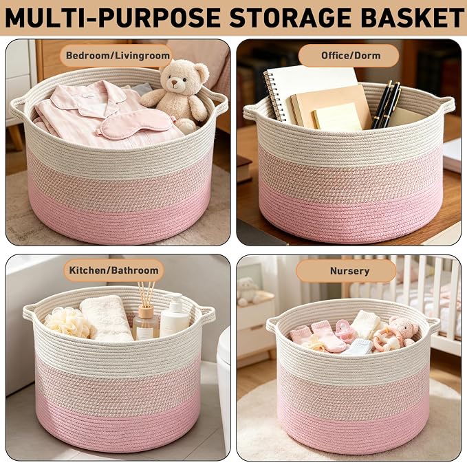 65L Large Blanket Basket,Woven Rope Laundry Basket-Mixed Pink | Collapsible, reinforced handles, nursery storage bin organizes clothes, toys and pillows for living room, bedroom bathroom