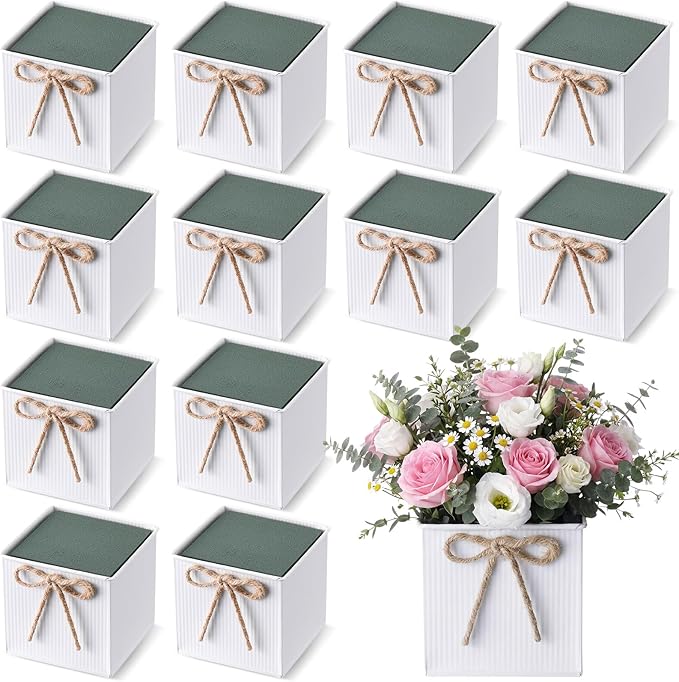 12 Pack Galvanized Square Vases with Floral Foam, 3.5 inch Waterproof Rustic Tin Buckets with Twine Bows, Mini Farmhouse Metal Planter Centerpieces for Wedding Party Table Decor(White)