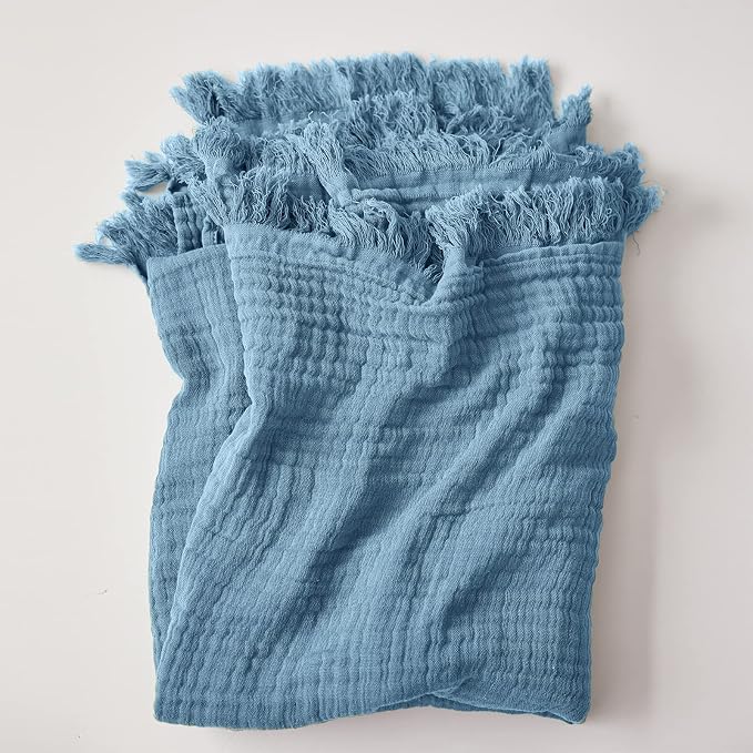 Simple&Opulence Cotton Muslin Throw Blanket for Bed, Couch, Knit Woven Gauze Blanket with Tassels, Soft Lightweight Cozy Pre-Washed Breathable Farmhouse Decoration for All-Season (Dusty Blue)
