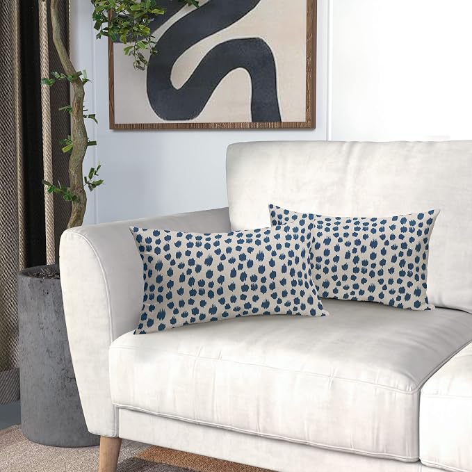 Light Blue Cream Pillow Covers 12x20 Set of 2 Boho Design Polka Dot Throw Pillows Modern Brush Strokes Print Decorative Outdoor Pillowcase Lumbar Cushion Cover Linen Pillow Case for Sofa Couch Bed