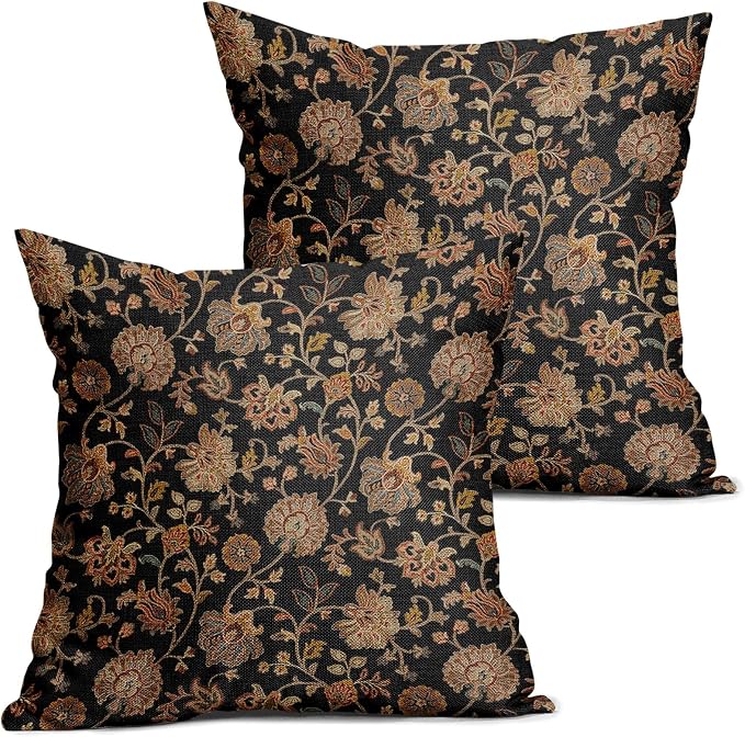 Black Brown Floral Pillow Covers 22X22 Inch Set of 2 Vintage Boho Carpet Flowers Decorative Pillow Cases Leaves Plant Cotton Linen Cushion Case Farmhouse Home Decor for Sofa Couch Living Room