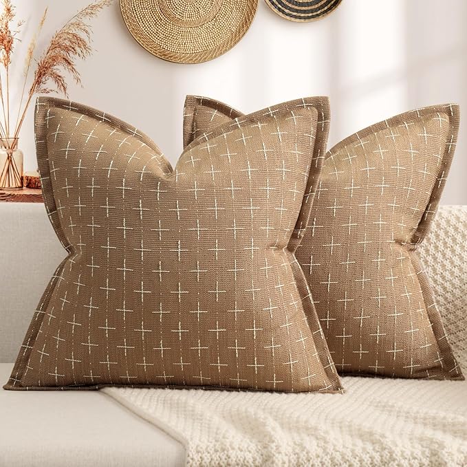 Throw Pillow Pillow Covers 22x22 Set of 2 Soft Polyester Textured Pillow Covers with Stylish Flange Edge Cozy Farmhouse Throw Pillows for Couch Bed Sofa Living Room Camel