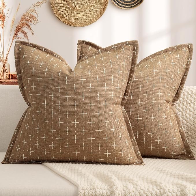 Throw Pillow Pillow Covers 20x20 Set of 2 Soft Polyester Textured Pillow Covers with Stylish Flange Edge Cozy Farmhouse Throw Pillows for Couch Bed Sofa Living Room