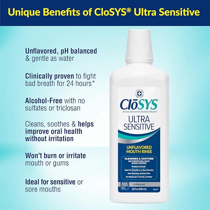 CloSYS Ultra Sensitive Mouthwash, 32 Oz, Pack of 2, Alcohol Free Mouthwash, Unflavored Mouth Wash, Dye Free, pH Balanced, Helps Soothe Entire Mouth