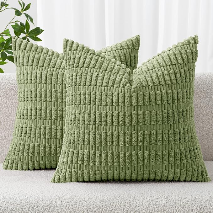 MIULEE Corduroy Decorative Throw Pillow Covers 12x12 Sage Green Pack of 2 | Soft Boho Striped Pillow Covers Modern Farmhouse Home Decor For Sofa Living Room Couch Bed