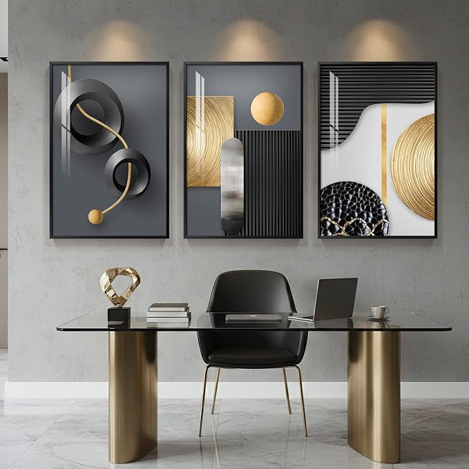 Large Framed Modern Elegant Wall Art for Living Room, 3 Piece 24x36 In | Black gold luxuery wall prints, Abstract geometric paintings, Crystal wall art for bedroom dining room office hallway
