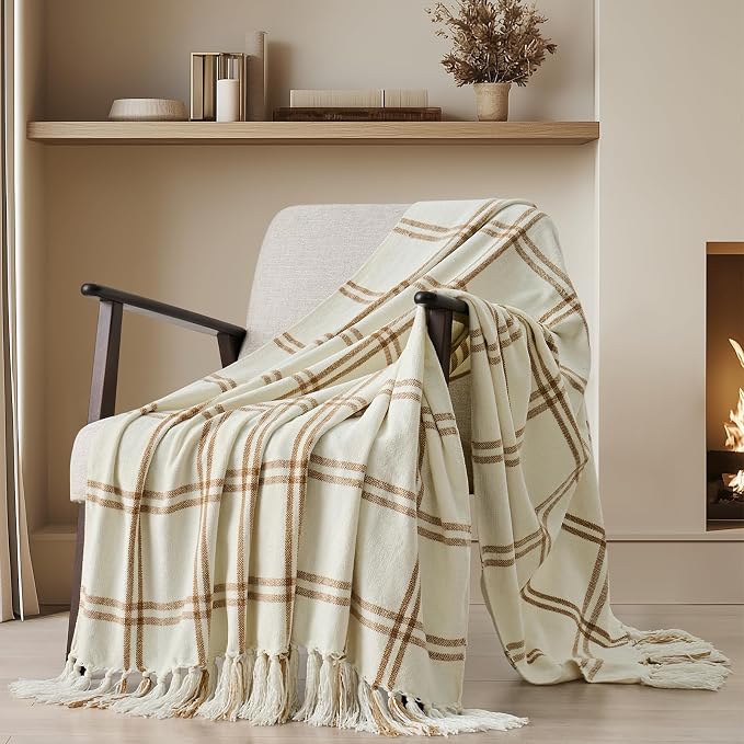 Plaid Chenille Knit Throw Blanket, 60"x80", Cream & Beige | Soft Knitted Throw with Tassels, Cozy, Lightweight, Windowpane Grid Plaid, Decorative Farmhouse Throw for Couch Bed Sofa Gift