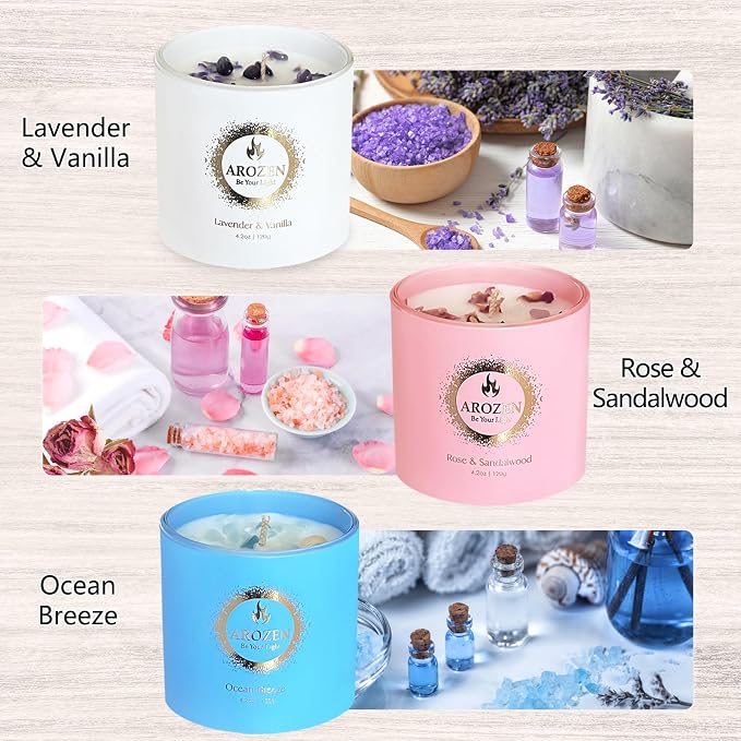 3 Pack Scented Candles Gift Set for Women – Lavender, Ocean, Rose Soy Candles with Crystals & Seashells, 70-Hour Total Burn Time, Aromatherapy Candle Set for Home Decor, Mother’s Day Birthday